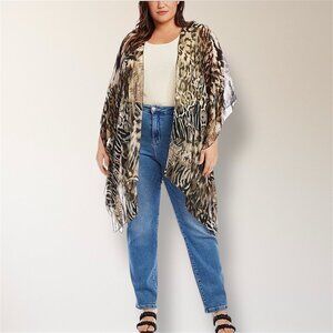 New Karen Kane M/L Sheer Leopard Animal Print Flowy Kimono Cardigan Drape Boho